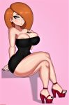  1girl absurdres areola_slip ass big_breasts black_dress breasts cleavage dress drunkavocado female female_only hair_over_one_eye high_heels highres huge_breasts kim_possible kimberly_ann_possible large_breasts looking_at_viewer nipples sitting solo solo_female thick_thighs thighs wide_hips 