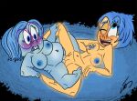  2_girls blue_eyes blue_skin breasts disney female_only glasses inside_out joy_(inside_out) nude pixar pussy sadness_(inside_out) winking yellow_skin yuri 