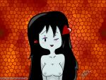 1girl adventure_time bite_marks black_eyes black_hair blush cartoon_network deviantart female_only grey_body grey_skin hearts_around_head jrtmrx long_hair looking_at_viewer looking_pleasured marceline mascara multicolored_background nipples no_clothes nude one_eye_closed open_mouth shaded solo_female solo_focus
