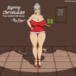 big_breasts breasts brown_eyes christmas christmas_present cleavage critical_volume gift glasses huge_breasts mrs._claus nipples_poking present silver_hair solo