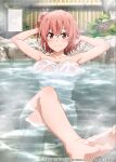 1girl absurd_res alluring arms_up bare_legs bare_shoulders barefoot big_breasts breasts cleavage collarbone completely_nude_female full_body hair_between_eyes high_res naked_towel no_bra no_panties nude official_art onsen pink_hair red_hair see-through short_hair topless towel water water_drop wet yahari_ore_no_seishun_lovecome_wa_machigatteiru. yuigahama_yui