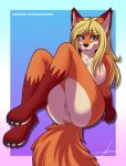  1girl 1girl 4_toes 5_fingers anthro anus blonde_hair blue_eyes breasts canid canine claws clitoris digital_media_(artwork) fingers fox fur furry genitals gradient_background hair looking_at_viewer mammal nipples nude pussy simple_background smile soronous text toes url white_body 