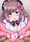  1boy 1girl blush bow brown_hair circussion clothed clothed_sex clothing cum cum_between_breasts cum_on_breasts heart-shaped_pupils looking_at_viewer male/female nijisanji paizuri pov short_hair suzuhara_lulu teal_eyes virtual_youtuber 