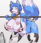  1girl 1girl absurd_res animal_print anthro big_breasts blue_body blue_fur blush breasts canid canine cervina7_(artist) clothing cow_costume cow_print cowbell ear_tag english_text fox fur furry high_res huge_breasts krystal lingerie mammal nintendo star_fox text video_games 