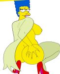  1girl ass big_ass blue_hair bottomless breasts earrings exposed_ass from_behind green_dress hand_on_ass high_heels lipstick looking_at_viewer marge_simpson milf mostly_nude open_clothes sexy sideboob slut squatting stockings the_simpsons yellow_skin 