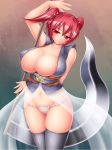  1girl armpits bare_shoulders black_legwear breasts cleavage female fundoshi groin hair_bobbles hair_ornament harumi_(harumix) high_res highres huge_breasts mound_of_venus navel no_nose no_pants onozuka_komachi panties puffy_nipples pussy red_eyes red_hair scythe see-through short_hair smile solo standing stockings thighhighs touhou underwear weapon white_panties 