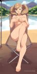  1girl absurd_res alluring ann_takamaki bare_legs barefoot big_breasts blue_eyes blue_sky blurry blurry_background chair cloud cloudy_sky completely_nude covering_breasts covering_privates day feet folding_chair full_body grabbing_own_breast heart high_res legs light_brown_hair lips long_hair looking_at_viewer mountain nude on_chair outside patreon_username persona persona_5 persona_5_scramble:_the_phantom_strikers shiny_skin sitting sky smile squeezable_(squeezabledraws) swimming_pool takamaki_anne thighs toenails toes twin_tails 