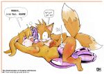  1boy 1girl archie_comics battle_angel breasts bunnie_rabbot legs male/female miles_&quot;tails&quot;_prower multiple_tails nipple nude sega smile sonic sonic_the_hedgehog_(series) stomach tail text 