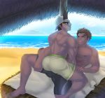  bara beach gay hat male partially_clothed yaoi 