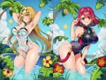  2_girls alluring big_breasts bikini blonde_hair cleavage core_crystal female_only heroine heroines looking_at_viewer milf mom0ka mythra nintendo pin_up pyra red_eyes red_hair stocjia xenoblade_(series) xenoblade_chronicles_2 yellow_eyes 