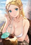 1girl adjusting_hair alluring bare_shoulders beach big_breasts bikini blonde_hair blue_eyes blush braid cleavage closed_mouth cocktail_umbrella coconut collarbone crown_braid day drinking_straw female_only forehead hand_up high_res j@ck long_hair looking_at_viewer nintendo ocean outside pointy_ears princess_zelda sitting skindentation smile swimsuit the_legend_of_zelda the_legend_of_zelda:_tears_of_the_kingdom upper_body water white_bikini
