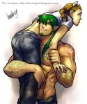 2boys bara facial_hair gay green_hair hairy human humplex male male_only multiple_boys muscle nipples no_sex partially_clothed pecs xerude yaoi 