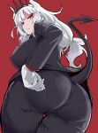  1girl 1girl big_ass big_breasts clothed_female helltaker looking_at_viewer looking_down lucifer_(helltaker) tagme white_hair 