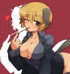  1girl animal_ears bad_id black_eyes blonde_hair blush breasts cleavage null null_(nyanpyoun) one_eye_closed open_clothes open_shirt pantyhose pantyhose_pull pocky shirt short_hair solo strike_witches tail waltrud_krupinski wink 