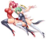  2girls ass bare_shoulders big_breasts black_legwear blue_eyes breasts china_dress chinese_clothes curvy green_hair grin hair hair_bobbles hair_ornament harumi_(harumix) harumix hat headgear high_heels hips huge_breasts impossible_clothes impossible_shirt jumping legs long_legs mound_of_venus mouth_hold multiple_girls navel no_panties onozuka_komachi open_mouth panties pink_eyes pink_hair shikieiki_yamaxanadu shirt shoes skin_tight smile stockings taut_shirt thick_thighs thighs touhou underwear white_legwear wide_hips 
