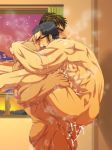  2boys anal ass bara black_hair brown_hair cum gay glasses human japanese_text male male_only multiple_boys muscle nipples nude pecs penis pubic_hair sweat yaoi 