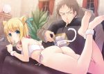  1boy 1girl animal_ears ass barefoot bell blonde_hair blue_eyes brown_hair collar couch holding hyuuga_azuri lying mouth_hold on_stomach original panties plant short_hair side-tie_panties tail toes underwear white_panties window 