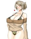  1girl bad_id blush breasts brown_hair edit heart huge_breasts leopard_print no_pants ponytail shirt smile solo tongue underwear wink wiz-coolhait 