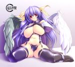  1girl arc_system_works areola areolae asymmetrical_wings big_breasts blue_hair blush bow breasts curvy dizzy guilty_gear gunner-l hair_bow huge_breasts large_breasts long_hair milk_tank milktank naked_thighhighs nipples nude plump purple_hair red_eyes sitting solo stockings thighhighs thighs underboob wings 