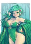  1girl adult armpits bare_shoulders big_breasts breasts bridal_gauntlets cleavage collarbone curvy detached_sleeves earrings final_fantasy final_fantasy_iv green green_eyes green_hair hips jewelry large_breasts leotard long_hair magic mahito nail_polish older pointing pointing_up rydia solo thighs wide_hips wide_sleeves 