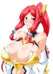  1girl arc_system_works bare_shoulders blazblue blazblue:_chrono_phantasma blazblue:_chronophantasma breasts huge_breasts izayoi_(blazblue) kanten long_hair red_eyes red_hair simple_background solo sweat white_background 