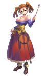  1girl bare_shoulders blush breasts cleavage corset dragon_quest dragon_quest_viii dress earrings jessica_albert jewelry large_breasts purple_shirt red_eyes red_hair shirt simple_background smile solo square_enix standing strapless_dress uchiu_kazuma wand whip white_background 