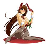  1girl alternate_costume animal_ears bangs bare_shoulders between_breasts blue_eyes blush body_blush bow bowtie breasts brown_hair bunny_ears bunny_girl bunnysuit bursting_breasts carrot cleavage detached_collar embarrassed erect_nipples fake_animal_ears fingernails food grey_legwear hairband hand_on_knee hand_on_own_knee high_heels highleg huge_breasts index_finger_raised kanten kk lipstick long_fingernails long_hair makeup nose_blush nyx pantyhose parted_lips queen&#039;s_blade queen's_blade ribbon shadow shoes sideboob simple_background single_shoe sitting solo very_long_hair wariza white_background wide_hips wrist_cuffs 