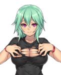  1girl black_shirt breasts cleavage cleavage_cutout green_hair houtengeki original purple_eyes self_clothes_tearing shirt short_hair simple_background smile solo t-shirt torn_clothes torn_shirt white_background wristband 