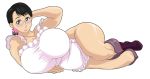  1girl apron black_hair blue_eyes blush boots breasts cattleya curvy flower glasses hair_ornament housewife huge_breasts kemigawa_mondo lying milf mond_(pixiv51047) on_side plump ponytail queen&#039;s_blade queen's_blade short_hair simple_background solo thick_thighs thighs white_background 