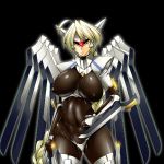  1girl ahoge arc_system_works blade blazblue blonde_hair bodysuit braid breasts dual_wielding erect_nipples glowing glowing_eyes huge_breasts impossible_clothes kanten kk lambda-11 long_hair maebari mask mecha_musume red_eyes shiny shiny_clothes simple_background single_braid skin_tight solo standing thick_thighs thighs turtleneck wings 