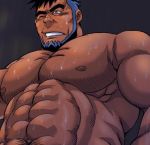  1boy bara beard blue_hair facial_hair human male male_only muscle nude pecs solo solo_focus sweat yaoi 