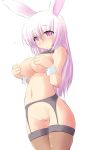  1girl animal_ears blush bow bow_tie bowtie breasts bunny_ears bunny_tail covering covering_breasts detached_collar garter_belt kourourin long_hair looking_at_viewer purple_eyes purple_hair pussy solo stockings tail thighhighs uncensored wrist_cuffs 