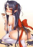  1girl alcohol areola_slip areolae asanagi ass bare_shoulders black_hair blush bow breasts cum cum_in_mouth cum_string demon_girl detached_sleeves erect_nipples fang feet female highres hinomoto_oniko horn huge_breasts japanese_clothes legs long_hair long_twintails looking_at_viewer looking_back nipples no_bra no_panties no_shoes oni original pointy_ears red_eyes ribbon sakazuki sake sideboob simple_background sitting smile solo stockings thighhighs thighs twin_tails twintails very_long_hair wariza white_legwear white_thighhighs 
