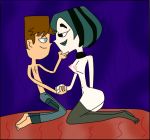 1boy 1girl black_eyes black_hair breasts brown_hair cartoon_network cody_(tdi) dyed_hair goth green_hair green_lipstick gwen_(tdi) hourglass_figure imminent_sex navel pale-skinned_female thick_ass thick_legs thick_thighs toes total_drama_island two_tone_hair wasp_waist