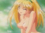 1girl 4:3_aspect_ratio 90s animated animated_gif blonde_hair blue_eyes bouncing_breasts breasts burn-up burn-up_w falling female gif kawai_yumi kinezono_rio long_hair nipples nude oldschool one_eye_closed open_mouth outdoor_nudity outdoors public public_nudity screen_capture solo tied_hair twintails wink