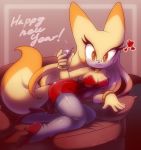  2012 amber_eyes black_nose blush breasts cleavage clothed clothing collar dress drink english_text female glass hair heart high_heels long_hair looking_at_viewer lying nancher orange_fur smile sofa solo stockings text thighs unknown_species white_fur 