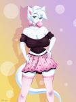 2012 big_breasts blue_eyes blush bow breasts bubble bubble_gum cat cleavage clothed clothing feline female hair jessica_elwood_(artist) looking_at_viewer pink_nose short_hair skirt smile solo standing stockings white_fur white_hair 