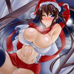  1girl airi airi_(queen's_blade) big_breasts blue_eyes blush breasts brown_hair cleavage cosplay curvy erect_nipples gloves groin hat hips huge_breasts kanten kk large_breasts long_hair mound_of_venus muscle one_eye_closed queen&#039;s_blade queen's_blade red_hair redhead santa_costume santa_hat scarf smile solo stockings thigh-highs thighhighs twin_tails twintails wide_hips wink 