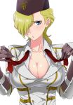 1girl akira_(natsumemo) bad_id big_breasts blonde_hair blue_eyes breasts cleavage gloves hair_over_one_eye hat ixion_saga ixion_saga_dt kt_(ixion_saga) large_breasts military military_uniform simple_background solo undressing uniform white_background