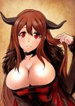  big_breasts breasts brown_hair bursting_breasts choker cleavage demon_horns dress fur_trim holding holding_hair horns huge_breasts k2isu large_breasts long_hair maou_(maoyuu) maoyuu_maou_yuusha parted_lips red_eyes red_hair simple_background smile solo striped striped_dress 