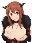  1girl artist_request big_breasts blush breast_squeeze breasts breasts_outside brown_hair bust choker covering covering_breasts covering_nipples demon_girl embarrassed fur horns large_breasts long_hair looking_at_viewer maou_(maoyuu) maoyuu_maou_yuusha official_style red_eyes shirokuma-kun simple_background solo upper_body wavy_mouth white_background 