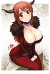  1girl big_breasts blush breasts choker cleavage demon_girl dress fur_trim high_res highres horns large_breasts long_hair looking_at_viewer maou_(maoyuu) maoyuu_maou_yuusha ookuma_(nitroplus) red_eyes red_hair rough sitting sketch smile solo 