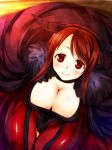  1girl blush breasts choker cleavage dress from_above horns huge_breasts long_hair looking_at_viewer maou_(maoyuu) maoyuu_maou_yuusha re-so red_eyes red_hair smile solo 