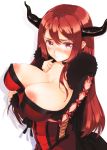  1girl areola areolae big_breasts breast_hold breasts brown_hair cleavage coracola demon_girl dress high_res highres horns huge_breasts large_breasts long_hair looking_at_viewer maou_(maoyuu) maoyuu_maou_yuusha nipples red_eyes solo 