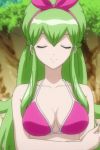 10s 1boy :) :d ^_^ anime arm_crossed arms_crossed big_breasts bikini bow breasts cleavage crossed_arm crossed_arms cute finger_to_mouth gif green_hair ixion_saga lowres mariandale pink_bikini pink_swimsuit smile swimsuit trap