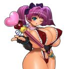  aqua_eyes blush breast_lift breasts erect_nipples heart huge_breasts magical_girl nari-moku purple_hair ribbon sling_bikini swimsuit twin_tails wand wink 