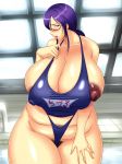  1girl areola areola_slip areolae blush breasts embarrassed fat female glasses high_res highres huge_breasts ibuki_rinji jewelry milf navel nipple_slip nipples one-piece_swimsuit plump ponytail pool pubic_hair purple_hair rei_no_pool ring solo swimsuit that_pool thick_thighs thighs uncensored wedding_ring 