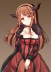  1girl big_breasts blush breast_suppress breasts choker cleavage demon_girl fur_trim hairband horns hyuuga_azuri large_breasts light_smile long_hair looking_at_viewer maou_(maoyuu) maoyuu_maou_yuusha red_eyes red_hair smile solo 