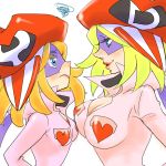  2girls asymmetrical_clothes asymmetrical_docking big_breasts blonde_hair blue_eyes bodysuit breast_envy breast_press breasts cleavage cosplay doronjo eyeshadow flat_chest hair hat headgear heart height_difference hoshino_lala jumpsuit kaminari_ai kaminari_ai_(cosplay) large_breasts lips lipstick makeup mask multiple_girls nose popped_collar short_hair small_breasts time_bokan_(series) unzipped yatterman 