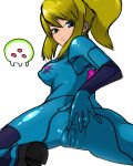  51 51_(gigamiso) artist_request ass blonde_hair blue_eyes clitoris high_res highres latex legs looking_back metroid nintendo ponytail pussy samus_aran see-through skin_tight spread_pussy spread_pussy_under_clothes thighs zero_suit 